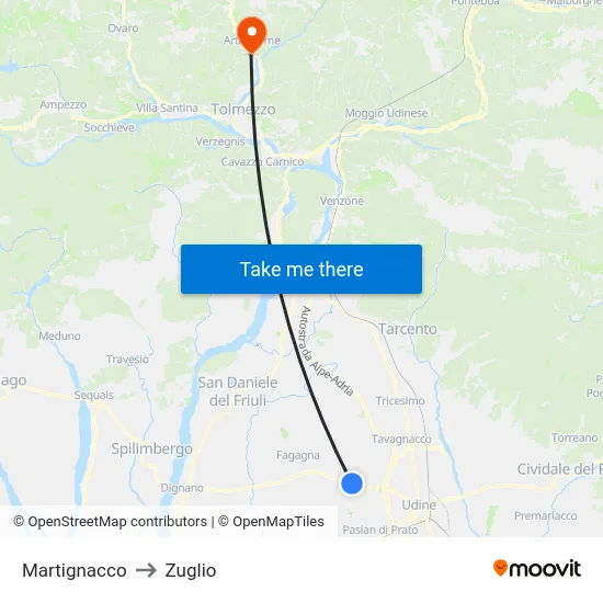 Martignacco to Zuglio map