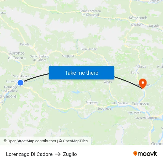 Lorenzago Di Cadore to Zuglio map
