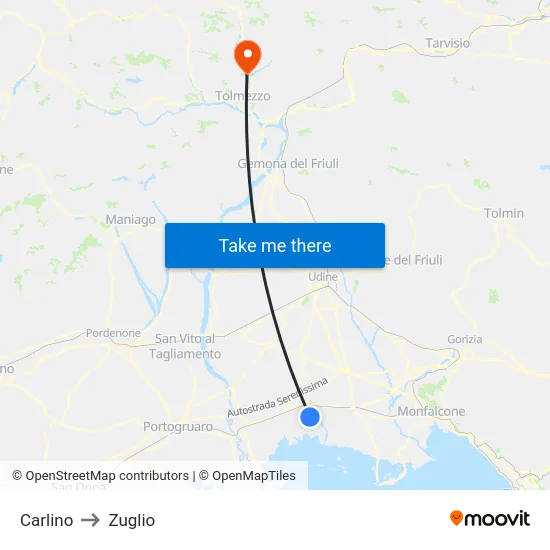 Carlino to Zuglio map