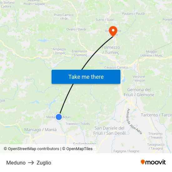 Meduno to Zuglio map