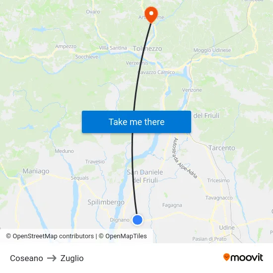 Coseano to Zuglio map