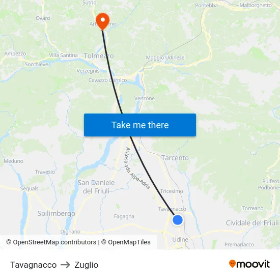 Tavagnacco to Zuglio map