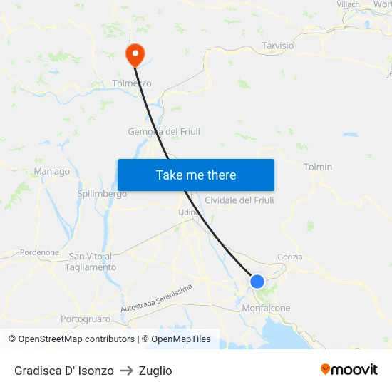 Gradisca D' Isonzo to Zuglio map