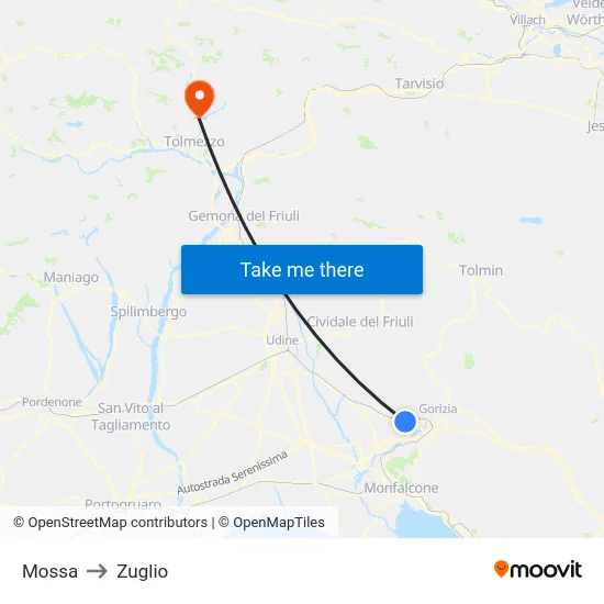 Mossa to Zuglio map