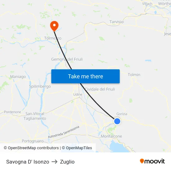 Savogna D' Isonzo to Zuglio map