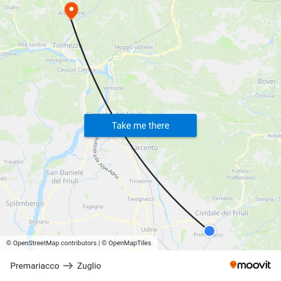 Premariacco to Zuglio map