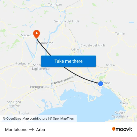 Monfalcone to Arba map