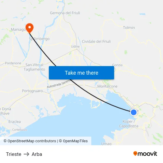 Trieste to ARBA map
