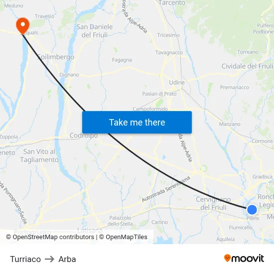 Turriaco to Arba map