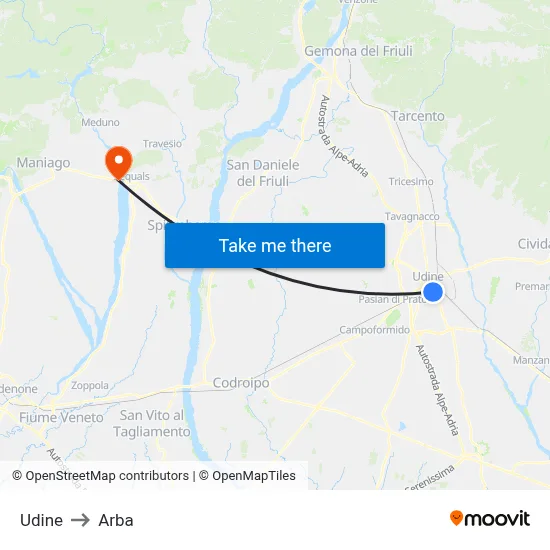 Udine to Arba map