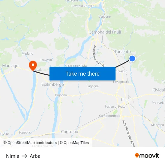 Nimis to Arba map