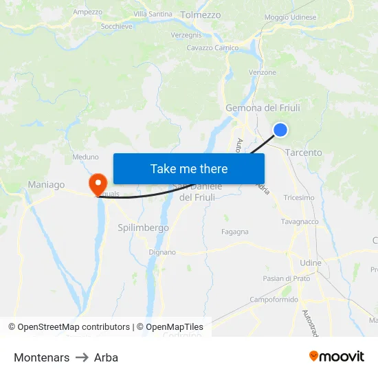 Montenars to Arba map