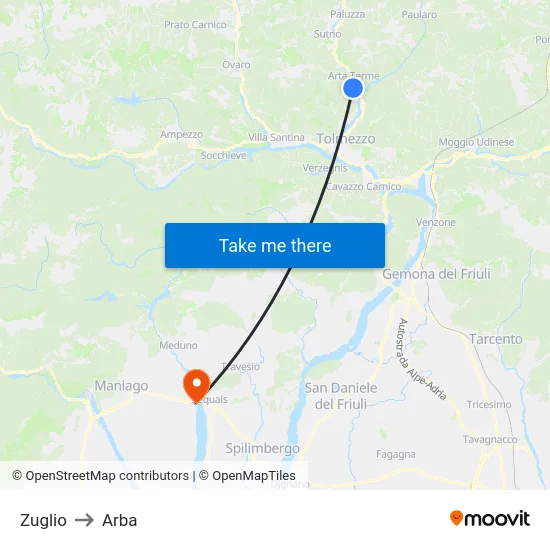 Zuglio to Arba map