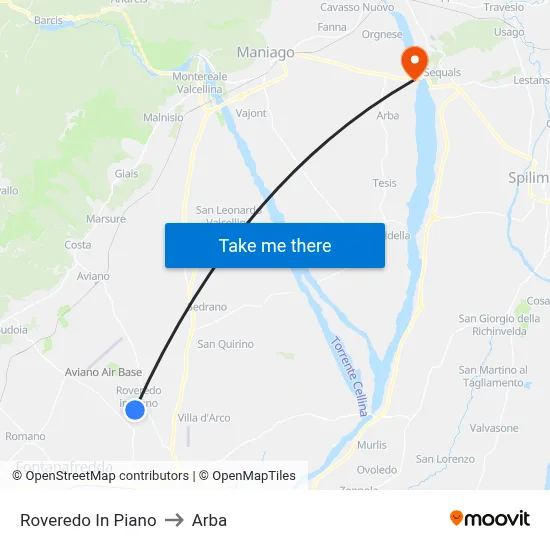 Roveredo in Piano to Arba map
