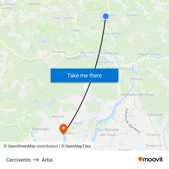 Cercivento to Arba map