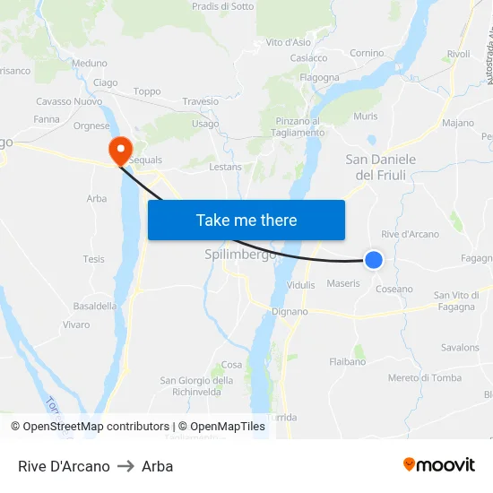 Rive d'Arcano to Arba map