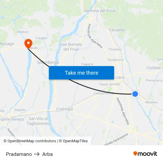 Pradamano to Arba map