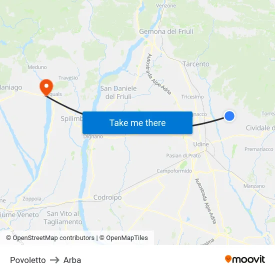 Povoletto to Arba map