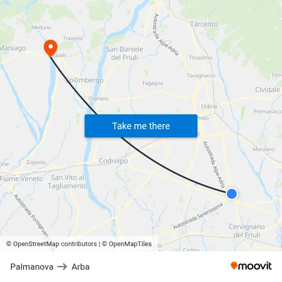 Palmanova to ARBA map