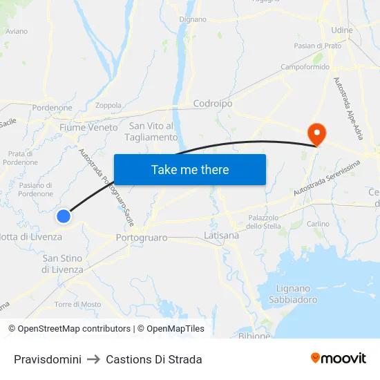 Pravisdomini to Castions Di Strada map