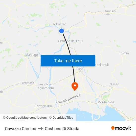 Cavazzo Carnico to Castions Di Strada map