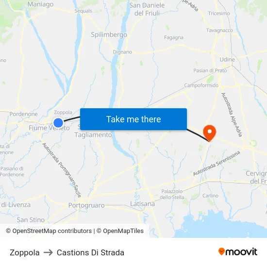 Zoppola to Castions Di Strada map