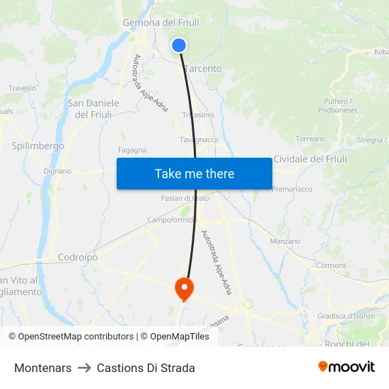 Montenars to Castions Di Strada map