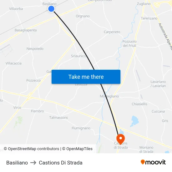 Basiliano to Castions di Strada map