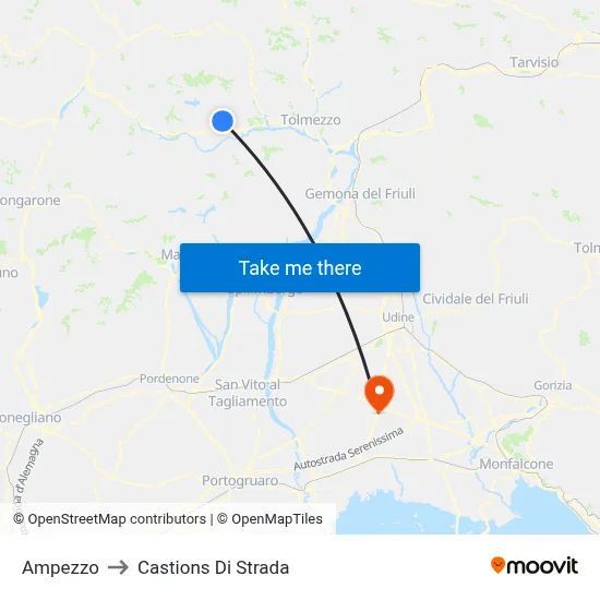 Ampezzo to Castions di Strada map