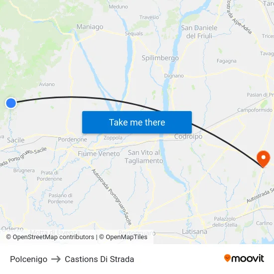Polcenigo to Castions Di Strada map
