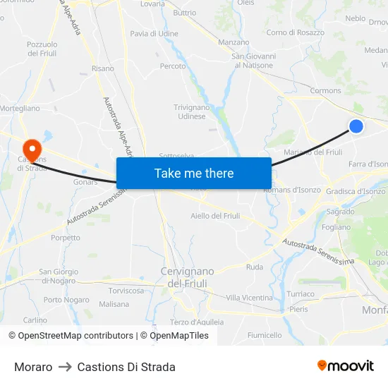 Moraro to Castions Di Strada map