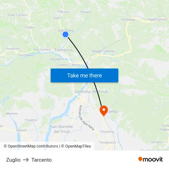 Zuglio to Tarcento map
