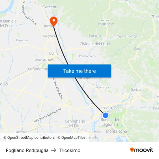 Fogliano Redipuglia to Tricesimo map