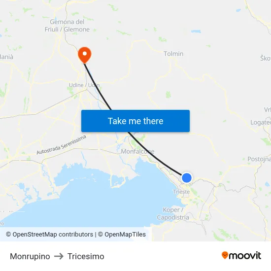 Monrupino to Tricesimo map