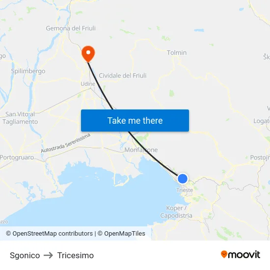Sgonico to Tricesimo map