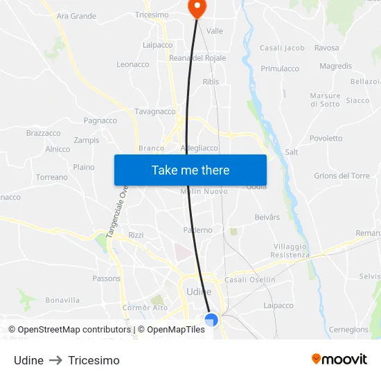 Udine to Tricesimo map