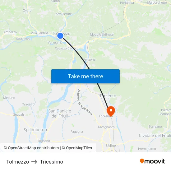 Tolmezzo to Tricesimo map