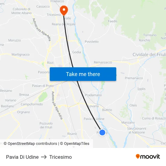 Pavia di Udine to Tricesimo map