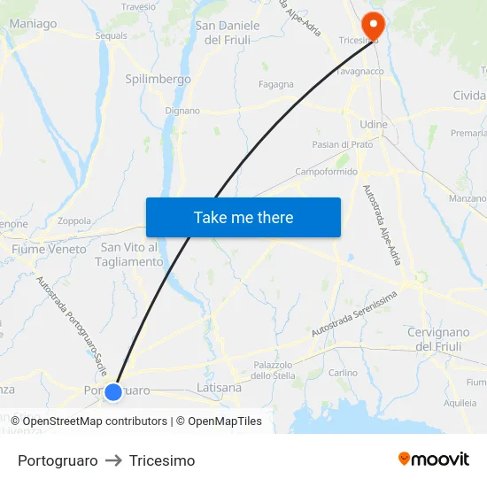Portogruaro to Tricesimo map