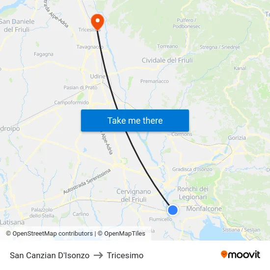 San Canzian D'Isonzo to Tricesimo map