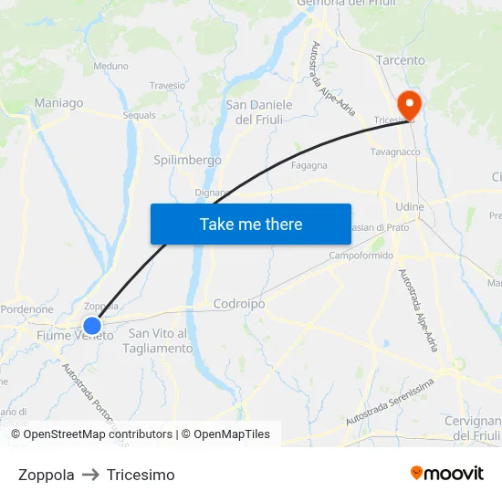 Zoppola to Tricesimo map