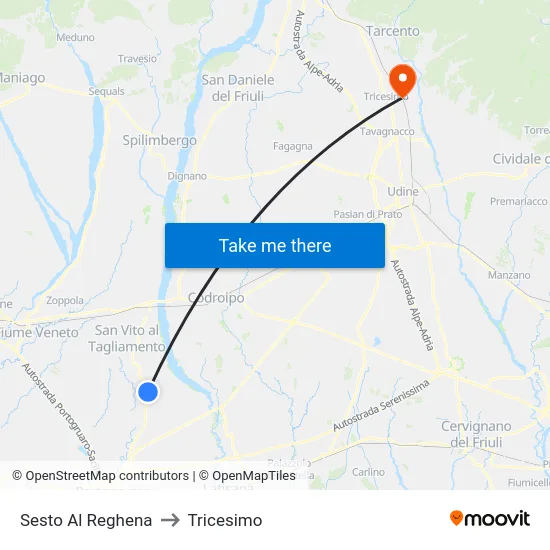 Sesto Al Reghena to Tricesimo map