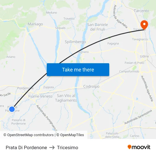 Prata Di Pordenone to Tricesimo map