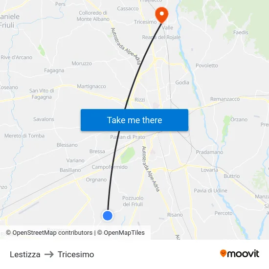 Lestizza to Tricesimo map