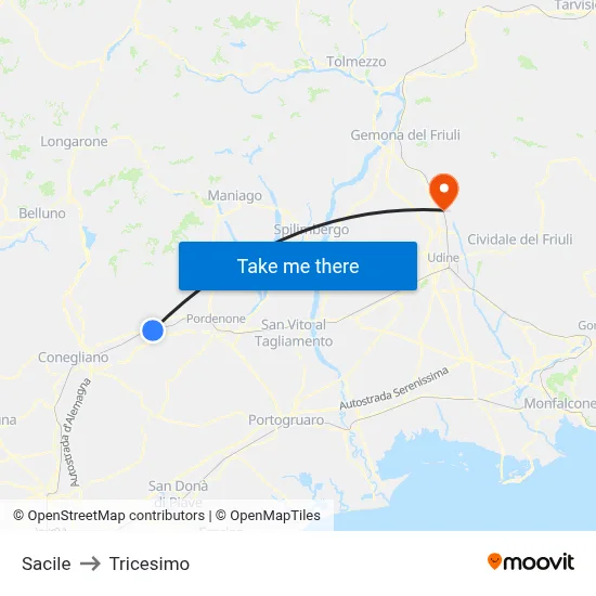 Sacile to Tricesimo map