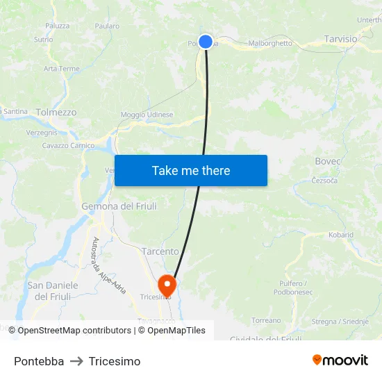 Pontebba to Tricesimo map