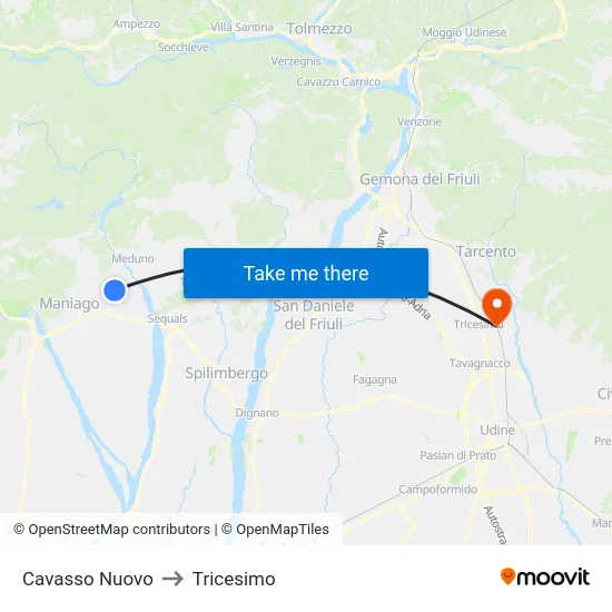 Cavasso Nuovo to Tricesimo map