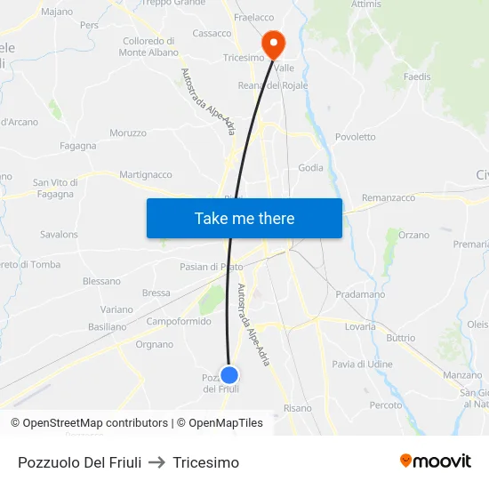 Pozzuolo Del Friuli to Tricesimo map