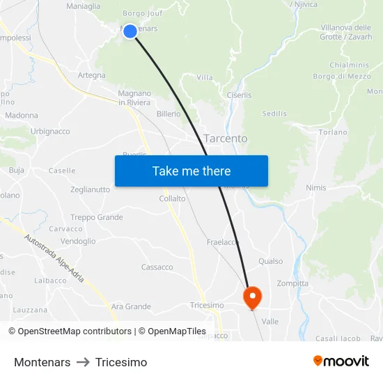 Montenars to Tricesimo map