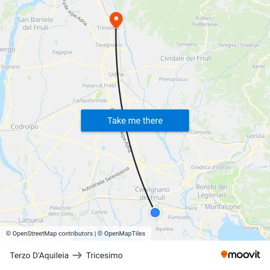 Terzo D'Aquileia to Tricesimo map